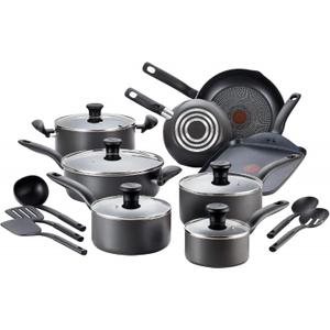 T-fal Initiatives Nonstick Cookware Set 18 Piece, Oven Broiler Safe 350F, Kitchen Cooking Set w/Fry Pans, Saucepans, Stockpots, Skillet, Spoons, Lids Pots and Pans Set Non Stick Dishwasher Safe Black