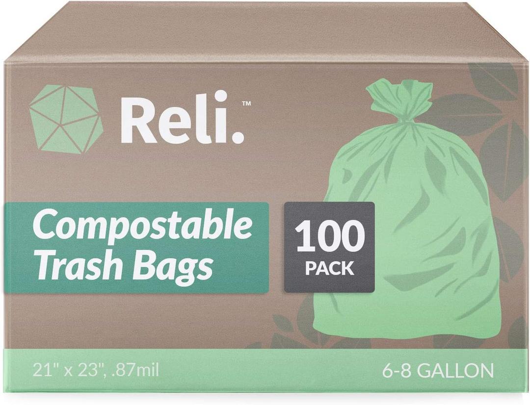Reli. Compostable 6-8 Gallon Trash Bags | 100 Count | ASTM D6400 | Green | Eco-Friendly | For Compost