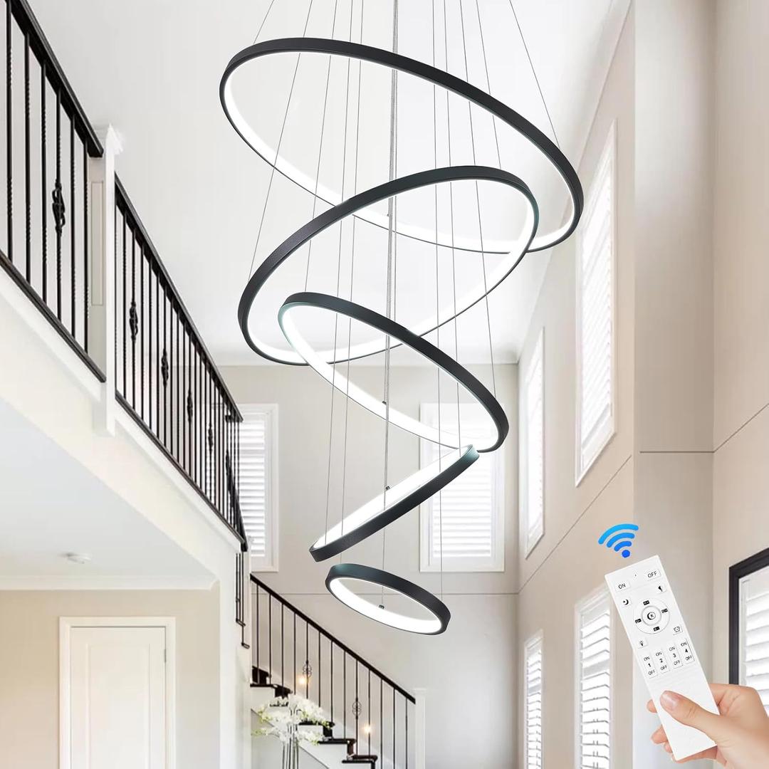 5 Ring Modern LED Chandelier Dimmable Black High Ceiling Chandeliers for Foyer, LED Contemporary Large Pendant Lighting with Remote Control Circular for Living Room Staircase, 3000K-6500K