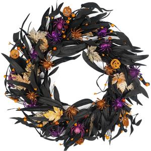 20 Inch Halloween Wreath with Olive, Maple Leaf, Pumpkin & Spider - Indoor/Outdoor Decoration for Fall & Autumn