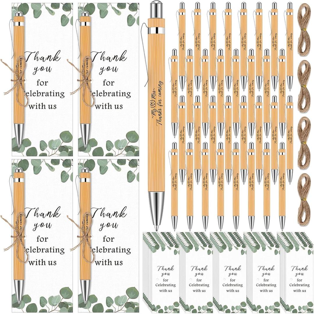 Yeaqee 104 Pcs Wedding Thank You Gifts Include 50 Wedding Bamboo Retractable Ballpoint Pens Wooden Black Ink Bridal Shower Pens 50 Greenery Bookmark Cards and 4 Twines for Party Favor Supplies