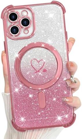 Pack Of 2, KANGHAR for iPhone 12 Pro Case, Support for MagSafe [Four Corner Cushion Series] Love Heart Pattern Electroplate Edge Shockproof Durable Full Body Protection for Girls Women -Pink