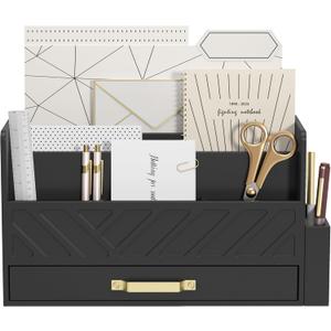 WISUCART Bamboo Desk Organizer Mail Holder Countertop Wood Desk Drawer Tabletop Storage Box Pen Holder Letter Sorter Makeup Organizer for School Home Office Supplies with Pen Holder Black