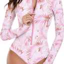 Century Star Long Sleeve Swimsuits Women Teen Girls Rash Guard UPF 50+ One Piece Surfing Modest Full Coverage Bathing Suit (8-10, Pink Leaves)