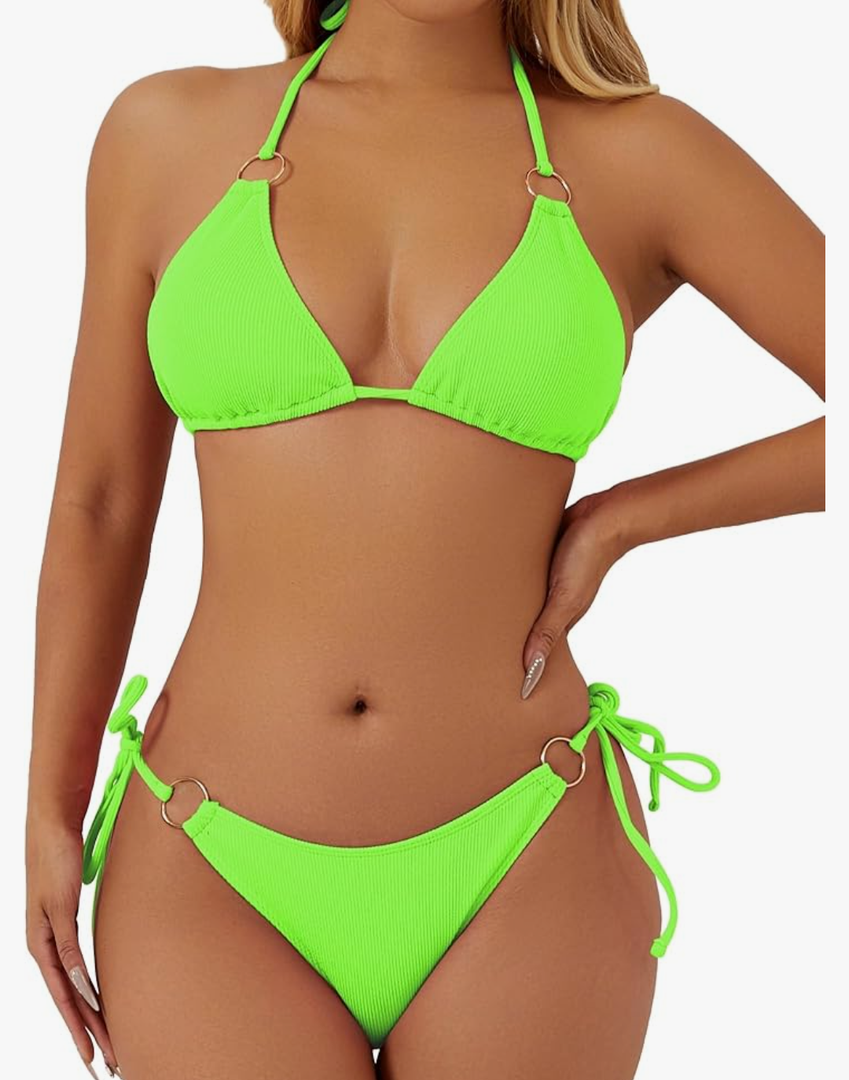 swimall Women's String Bikini Set Sexy Tie Side Two Piece Swimsuit Cute Triangle Halter Bathing Suit, L