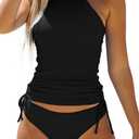 Women's Bathing Suit Solid Color Drawstring Side Halter Neck Tankini Set, Solid Black, Small
