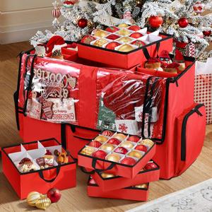 2-in-1 Christmas Ornament Storage Box, Christmas Storage Containers Organizer Bag with Dividers - Fits Xmas Holiday Ornaments Figurines and Pockets for Decoration(Red)