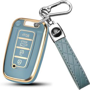 QBUC for Hyundai Key Fob Cover with KeychainCompatible with Hyundai Sonata Azera Elantra Equus Kia Optima Sorento Forte Soul Genesis Old Smart Key (Gold Edge,Blue)