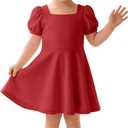 Toddler Girl's Summer Dress Baby Puff Sleeves Square Neck Knit Sundress A-Line Flowy Twirly Casual Midi Dress