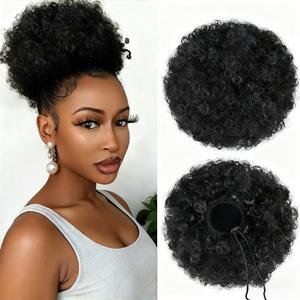 Afro Puff Drawstring Ponytail for Black Women，Short Kinky Curly Clip On Synthetic Afro Ponytail Hair Bun Puffs for Girls (#1B Natural Black)