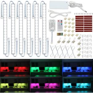 Under Cabinet LED Lights Kit. RGB Color Changing & Super Bright White Lighting. Dimmable with Remote. 6 pcs Linkable LED Light Strips with Power Supply, Extension Cords. Plug in. Max 24W. RGB + 5000K.