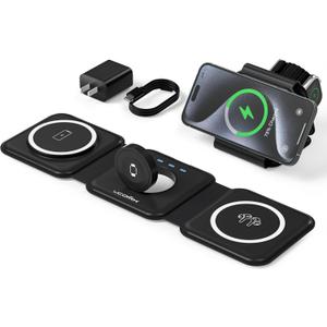 UCOMX 3 in 1 Charging Station for Multple Devices,Foldable 3 in 1 Wireless Charger for Travel,Nano Wireless Charging Station for iPhone16 15 14 13 12 Pro Max/Watch 10 9 8 7 6 5 4 3 Ultra/AirPod Pro (Black)