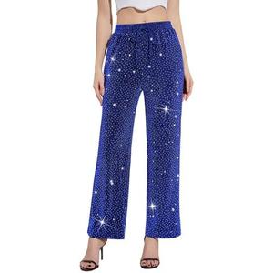 PEIQI Women High Elastic Waist Wide Leg Palazzo Pants Bling Glitter Casual Loose Long Sparkle Pant Trouser L