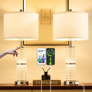Crystal Table Lamps Modern 3-Way Dimmable Bedside Lamp with 2 USB Ports & AC Outlets for Living Room Bedroom Nightstand Lamp Night Light (Silver-2 Pack)