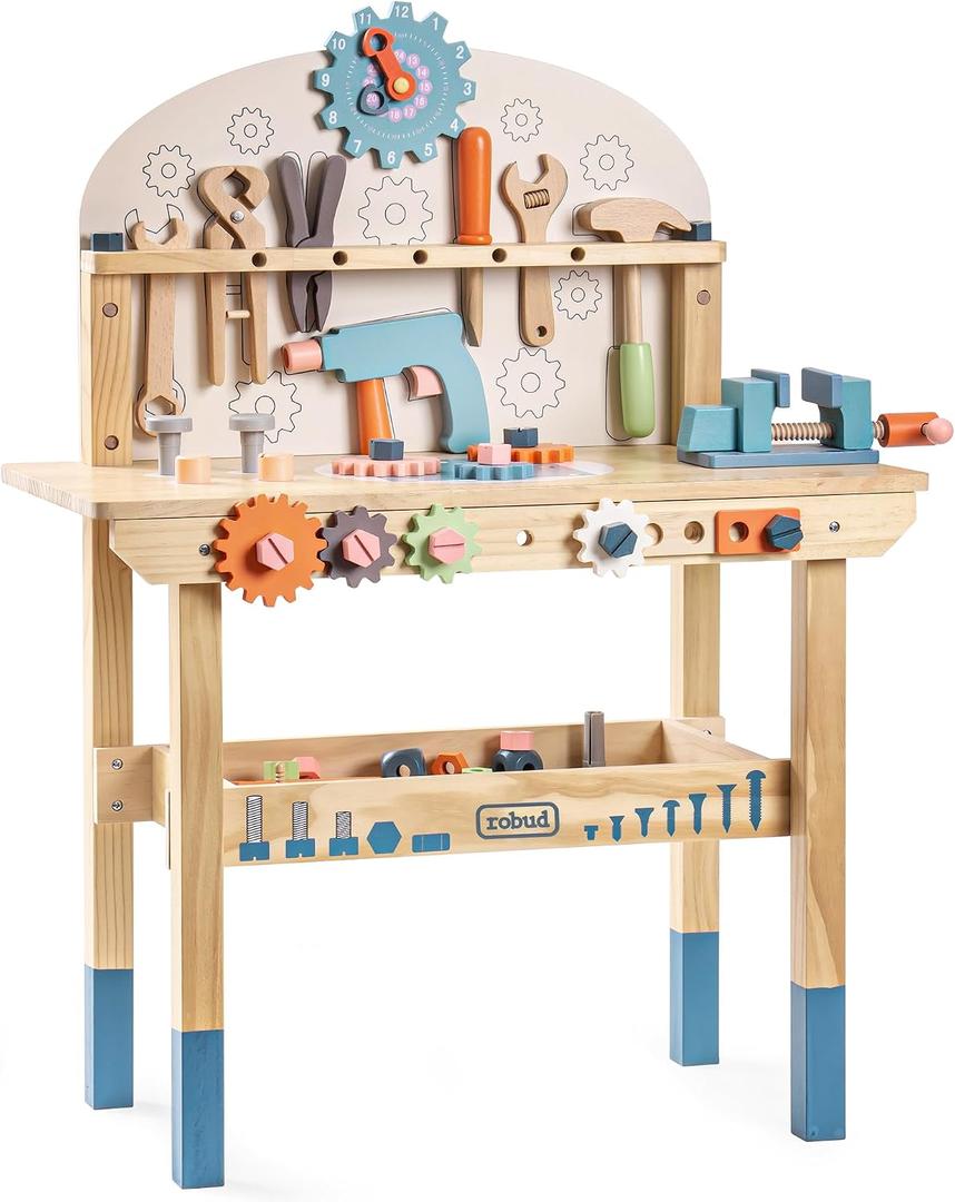 ROBUD Large Wooden Play Tool Workbench Set for Kids Toddlers, Construction Workshop Tool Bench Toys Gift, Multicolor