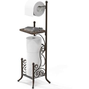 Simple Houseware English Style Bathroom Toilet Tissue Roll Holder Stand with Shelf, Bronze (Wood Shelf - 29.2''H)