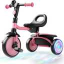 besrey Colorful Lighting Toddler Tricycle for Ages 18 Months to 5 Years, Toddler Bike with Bell, Kids Tricycle, Gift for 2-5 Year Olds, Toy for Boys and Girls, Tricycle for Toddlers, Pink (Pink Flash Wheel)
