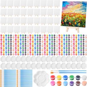 Qilery 36 Set 6 x 6 Inch Mini Canvas Boards with Easel Painting Kit, Acrylic Paints Strips, Brushes, Palette, Oil Art Set for Acrylic Birthday Party Favors