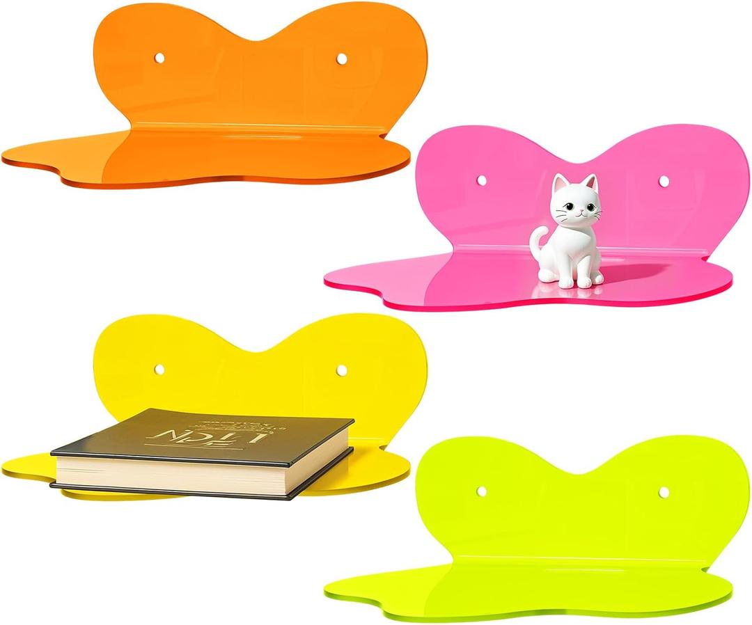 PercyEffie 4 Pack Acrylic Floating Shelves wavy acrylic shelves for display shelf colorful room decor cute wall decor for Toy,Makeup,Figure,Nail PolishWall Organizer for Bathroom, Bedroom, Living Room