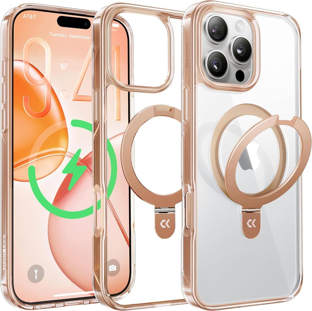 CASEKOO Official Desert Titanium for iPhone 16 Pro Max Case with Ultra Magnetic Stand, Fit for MagSafe, 16FT Military Grade Protection, Kickstand for Viewing & Work for 16 Pro Max, Clear Back, Gold