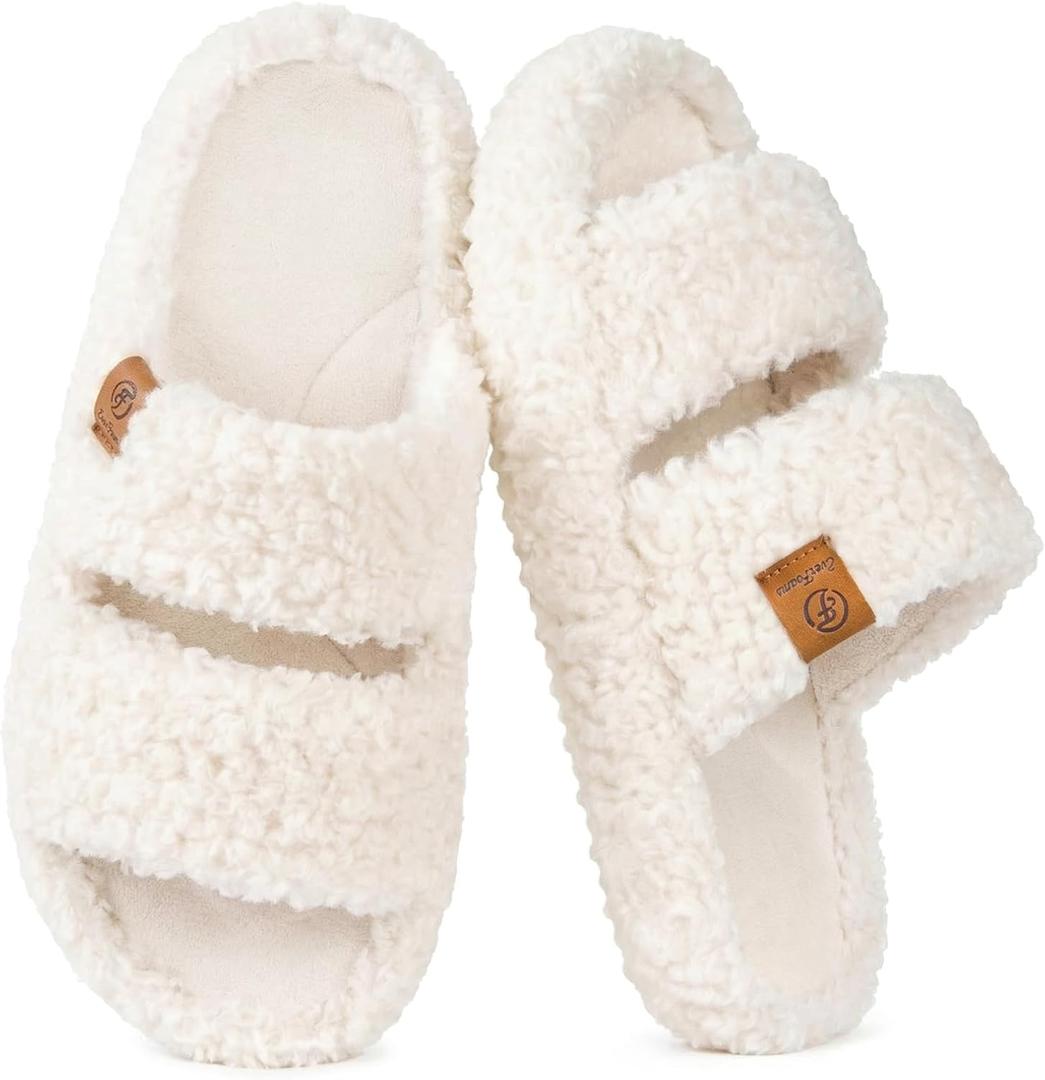 EverFoams Womens Fuzzy Open-toe Slippers Indoor Vanilla Ice,9-10 US