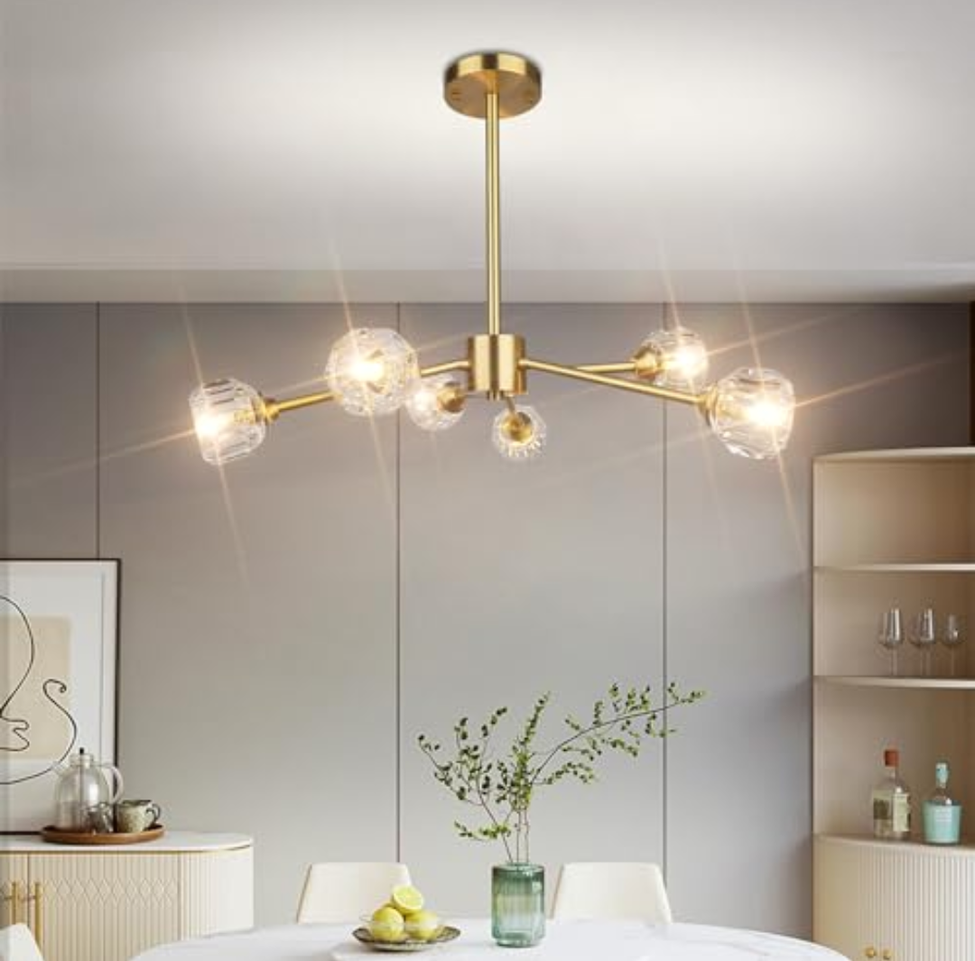 Crystop Gold dining room lighting fixtures over table, 6 Lights Mid Century Modern Brass Sputnik Chandeliers Ceiling Light, Sputnik Light Fixture Dining Room Chandelier D17.7 x H16.9