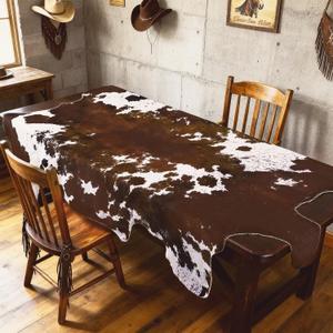 Tegeme 59 x 35 Inches Cowhide Tablecloth Highland Cow Birthday Decorations Cow Print Western Party Decorations Brown White Kitchen Decor Table Cover for Cowboy Country Wedding Decor
