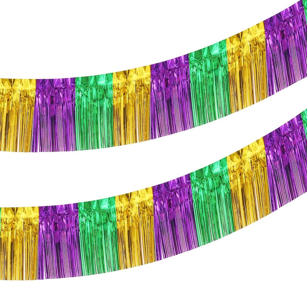 3 x 2 Pack 10 Feet Green Gold Purple Foil Fringe Garland Metallic Tinsel Streamers Banner Fringe Backdrop Banner for Parade Floats Mardi Gras Birthday Party Homecoming Decoration (Green Gold Purple)