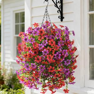 Artificial Hanging Baskets Outdoor, 4 Bundles Artificial Hanging Flowers Outdoors Spring Summer Decoration, No Fade Realistic Fake Hanging Baskets for Porch Patio Balcony Home Yard Decor