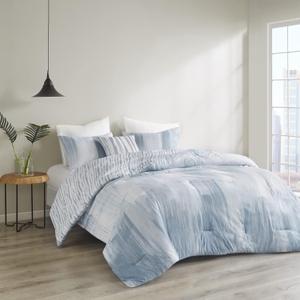N Natori Brush Stroke Reversible Comforter Set - Abstract Styling, Embossed Seersucker Design, Cozy Oversized & Overfilled Bedding, Matching Shams, Decorative Pillow, Full/Queen(92"x96"), Blue 4 Piece