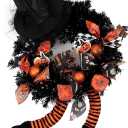 Happy Halloween Wreath for Front Door Decoration with Skeleton Artificial Bone Orange Ornaments Maple Leaf for Party Decor (Halloween Orange)