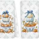 Chinoiserie Fall Pumpkin Kitchen Dish Towels 16x24 Inch Set of 2, Blue and White Chinoiserie Grand Millenial Bow Pumpkin Decorative Hand Towel Tea Towels for Kitchen, Fall Bathroom Decor