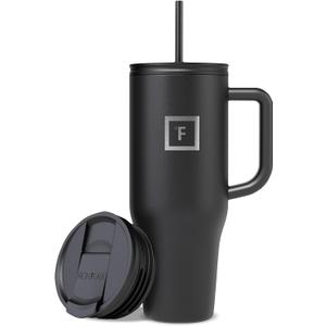 IRON °FLASK Co-Pilot Insulated Mug w/Straw & Flip Cap Lids - Cup Holder Bottle for Hot, Cold Drink - Leak-Proof - Water, Coffee Portable Travel Mug - Midnight Black, 40 Oz