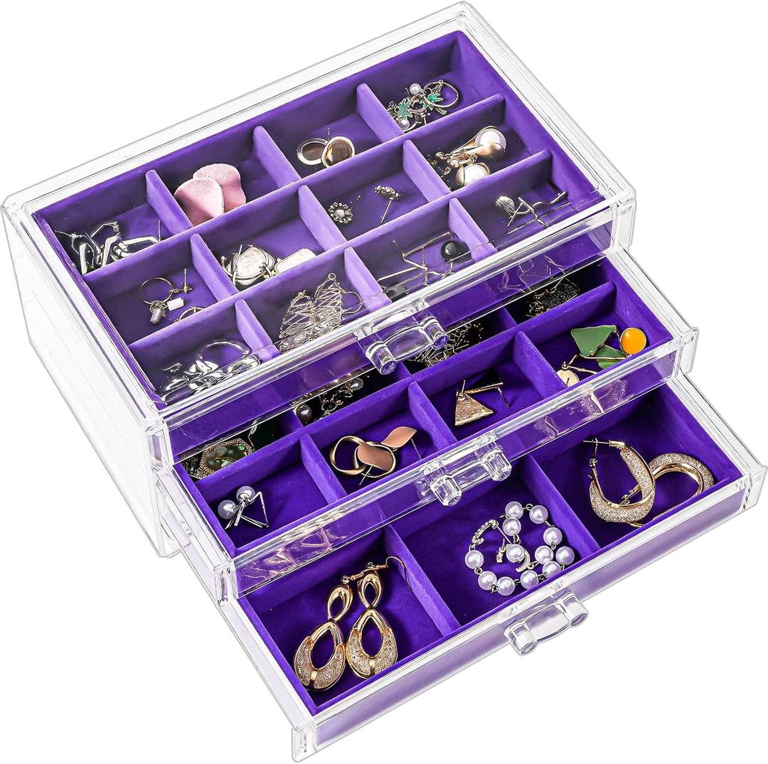ProCase Earring Holder Organizer Jewelry Box with 3 Drawers, Acrylic Clear Earring Case with Adjustable Velvet Trays for Women - Purple, 3 Layers