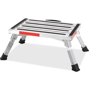 Safety RV Steps, Yagud Height Adjustable Folding Platform Step with 17" X 12" Anti-Slip Surface, Rubber Feet, Handle, Reflective Strips, and T Level, Aluminum RV Step Stool Supports Up to 1000lbs (Silver Black)