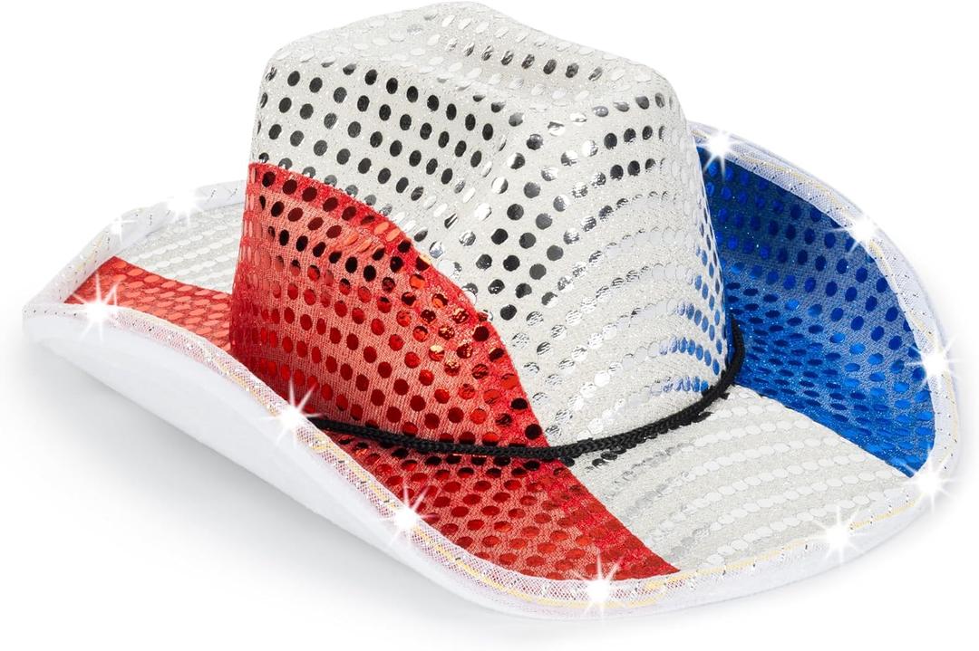 Sparkly US-Flag Western Cowboy Hat - 4th of July Red White Blue Sequin Cowgirl Hat for Independence Day Party (Medium)