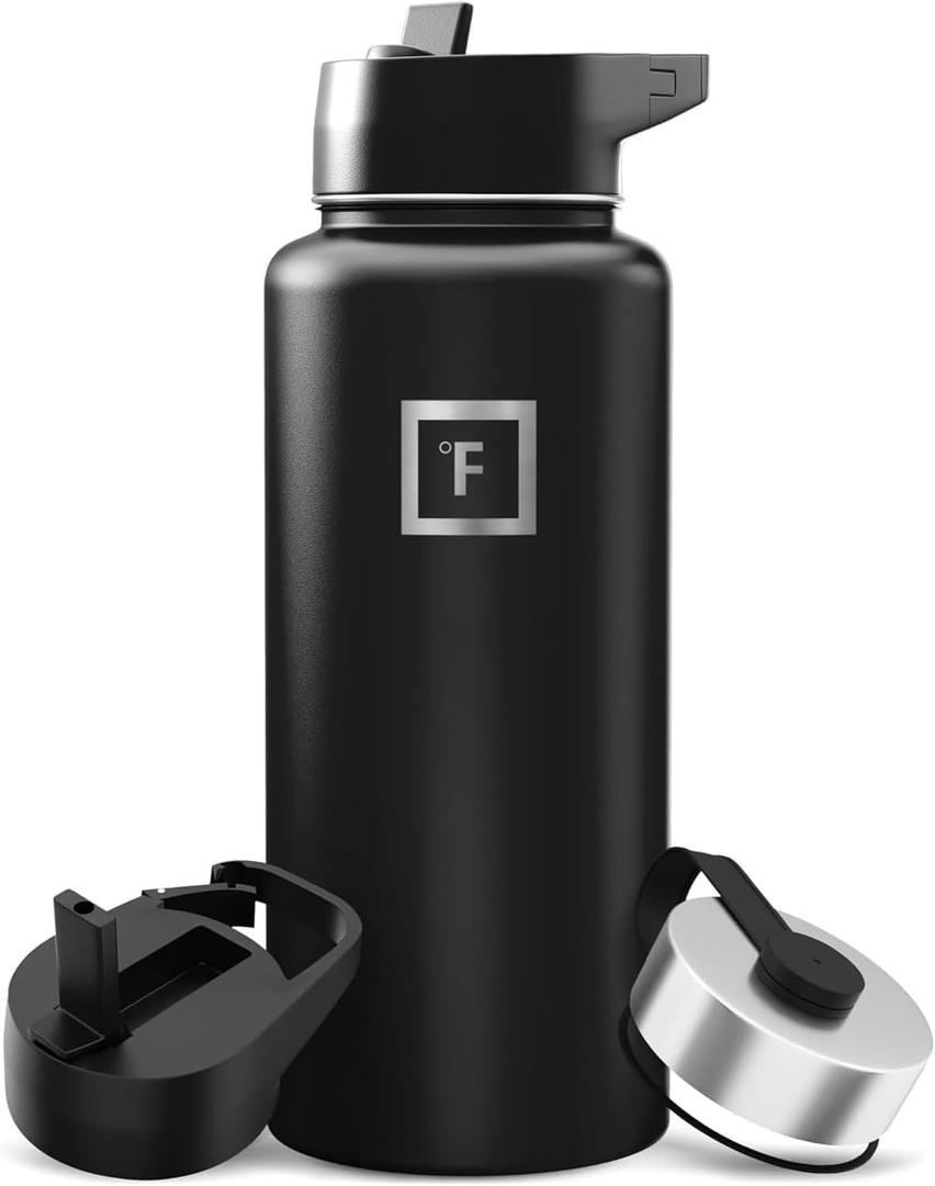 IRON FLASK Camping & Hiking Hydration Flask with Straw, Wide Mouth Insulated Stainless Steel Sports Water Bottle - 32 oz Midnight Black