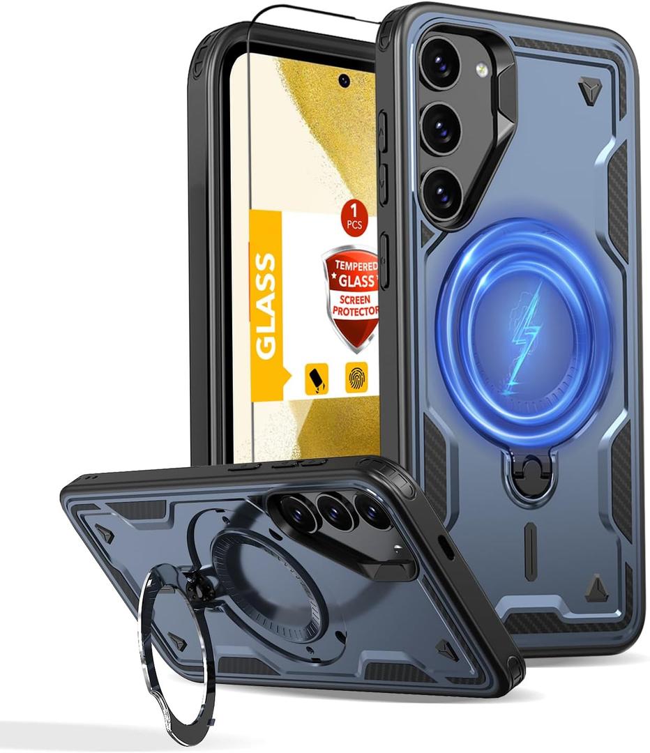 for Samsung Galaxy S22 Case Magnetic Compatible with MagSafe,with Screen Protector,Built-in Kickstand Ring,Phone Heavy Duty Protection Military Grade Rugged Shockproof Scratch Resistant Blue
