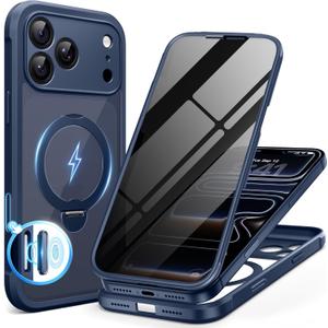 BERFY for iPhone 17 Pro Case, Compatible with MagSafe, Built in Privacy Screen Protector, Shockproof Full Body Phone Case for 17 Pro with Magnetic Stand, Clear Blue