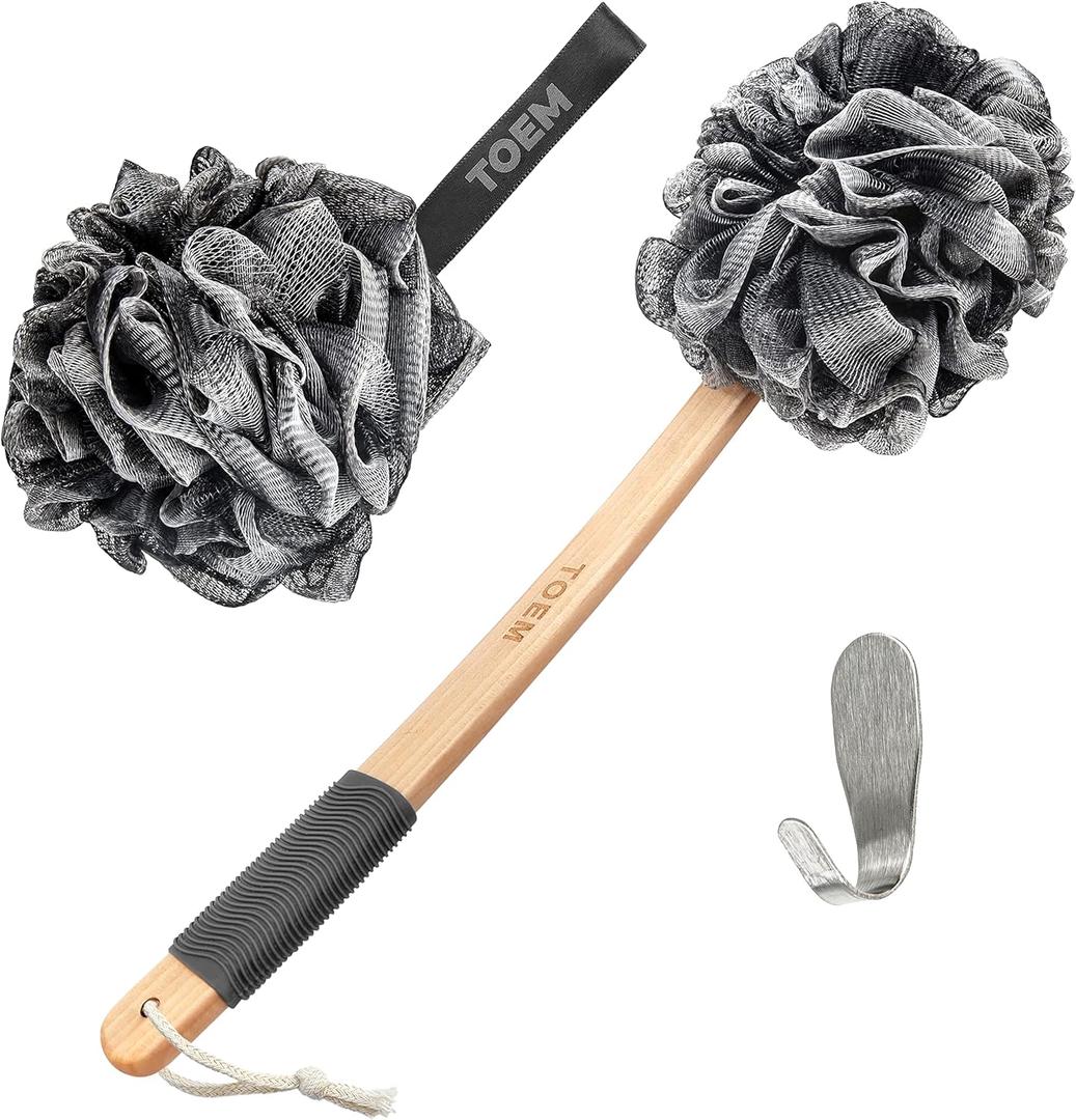 Toem Loofah Back Scrubber for Shower | Bamboo Charcoal Fiber Infused | Loufas for Men & Women | Includes 1 Long Handled Shower Sponge, 1 Bath & Shower Luffa Pouf & 1 Hook to Hang Stuff (Slate Grey)