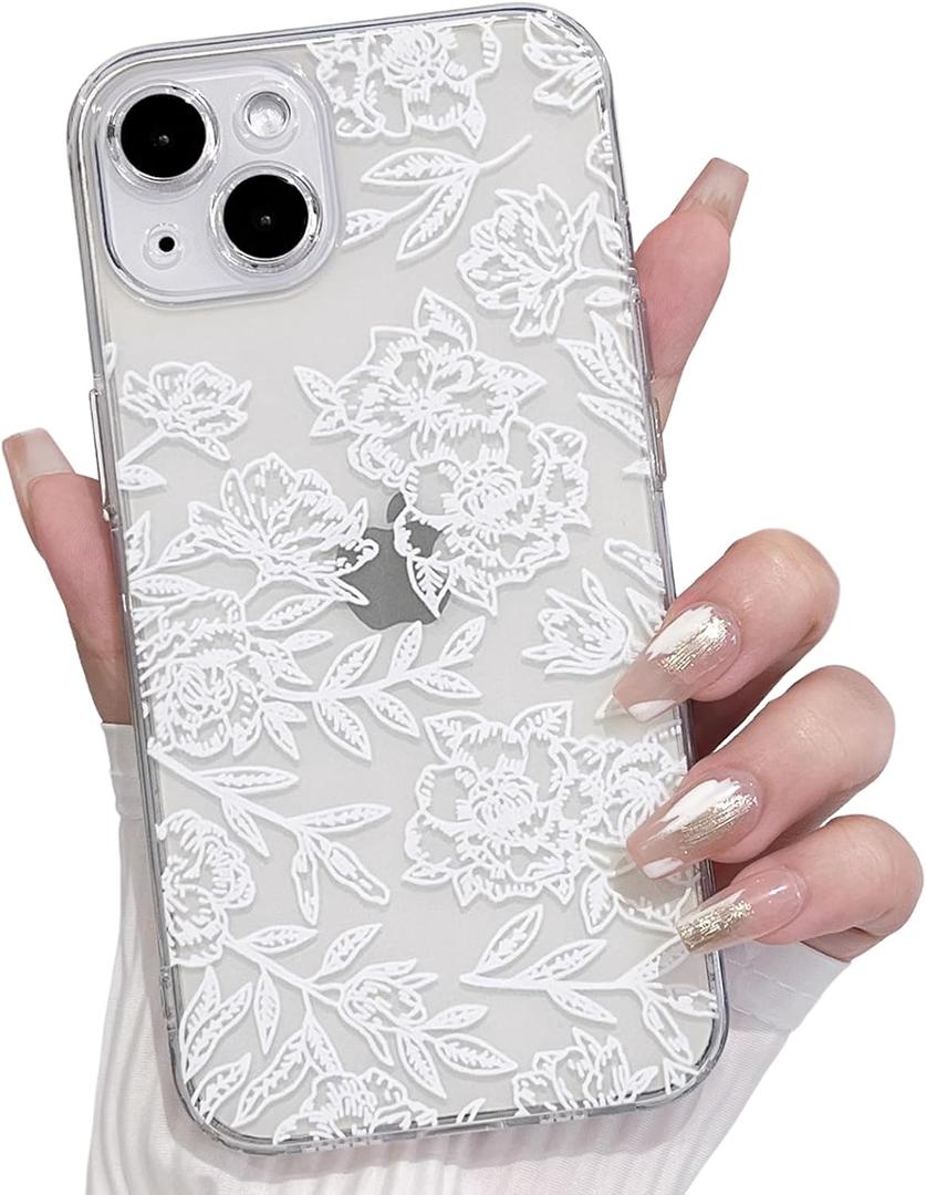 NITITOP Compatible with iPhone 14 Case Clear Cute Line Flower Floral Rose Pattern for Women Girls Full Camera Lens Clear Slim Shockproof Protective Phone Cover - White