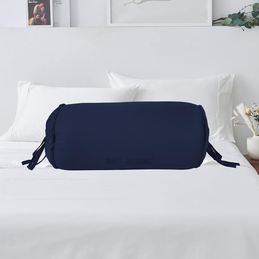 SAHARBEDDINGS 2 Pieces Cervical Neck Roll Pillow Cover with Cotton Bolster Pillowcases for Cylindrical Cushion and Drawstring Closure Round Neck Pillowcase (Navy Blue, Roll Pillow 24x6 Pack of 2)