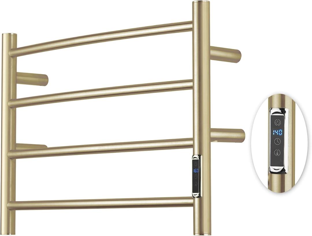 Heated Towel Racks for Bathroom, Wall Mounted Electric Towel Warmer Racks with Timer & Temperature Control,Heater for Bathroom, Brushed (Round-Brushed Gold, 4 Bars)