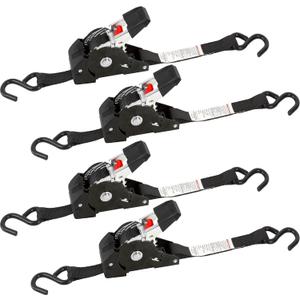 1" x 6' Retractable Ratchet Straps, 1600 lbs Break Strength, Heavy Duty 4 Pack, Self Retracting Tie Downs with S Hooks, DOT Approved for Durable Strapping for Trailers, Trucks, Boats, and Cargo