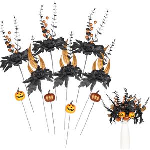 SY Super Bang Halloween Decorations, 10PCS Artificial Black Flowers Maple Leaf Orange Pumpkin Berry Floral Stems Vase Arrangement Branches Decor, for Home Indoor Party Holiday Living Room