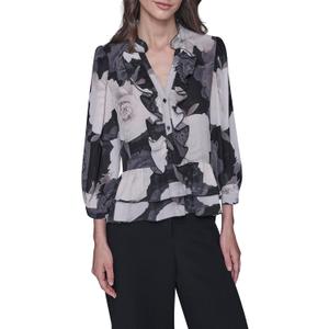 Karl Lagerfeld Women's Long Sleeve V-Neck Floral Printed Blouse (Black Combo) Large
