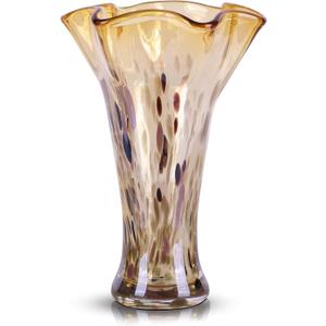 9.0"H Amber Glass Vases for Flowers, Unique Hand Blown Glass Vase Amber Gold Home Decor, Wide Mouth Colorful Flower Vase Centerpieces, For Living Room Table Bookshelf, Bathroom Office Shelf Decorative