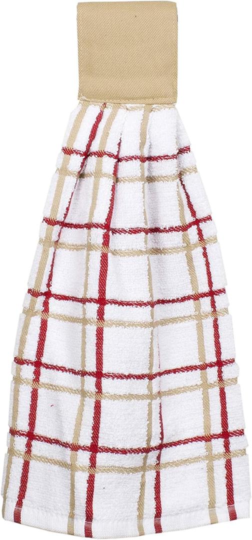 Ritz KitchenWears 100% Cotton Terry Hanging Kitchen Tie Towel, Multi-Check, Biscotti