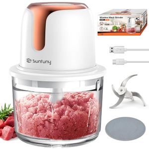 Sunfuny Cordless Food Processor, Mini Food Chopper Wireless with 5-Cup Glass Bowl, 6000mAh Battery USB-C Rechargeable Vegetable Chopper, Electric Meat Blender Garlic Grinder Kitchen Mixer (Rose Gold) (1.2L)