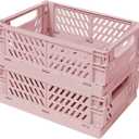 Small Pastel Plastic Storage Bins 2Pcs Foldable Pastel Crates Plastic Basket Colorful Storage Containers Baskets for Classroom Kitchen Office Bedroom Desktop Home Decor (Pink 9.8" x 6.5" x 3.8")